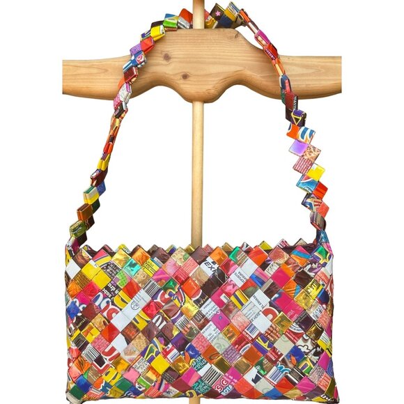 Novelty Pattern Candy Wrappers Multicolored Shoulder Purse 6.5" Tall - Picture 3 of 14